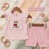 Kız Çocuk Pembe Kiraz Detaylı Fırfır Kollu Tişört ve Pötikare Şortlu 3'lü Takım (Saç Bandı Hediyeli)