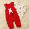 Kız Bebek Yüzde 100 Pamuk Tavşancık Oyuncaklı Salopet Tulum Seti – İç Çıtçıtlı Body (Kırmızı)