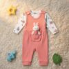 Kız Bebek Yüzde 100 Pamuk Tavşancık Oyuncaklı Salopet Tulum Seti - İç Çıtçıtlı Body (Mercan)
