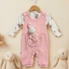 Kız Bebek Yüzde 100 Pamuk Tavşancık Oyuncaklı Salopet Tulum Seti - İç Çıtçıtlı Body (Pembe)