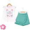 (Videolu) Kedi Desenli Şort Etekli Yazlık Çantalı Kolsuz Penyeli 3'lü Bebek Çocuk Takımı - Turkuaz