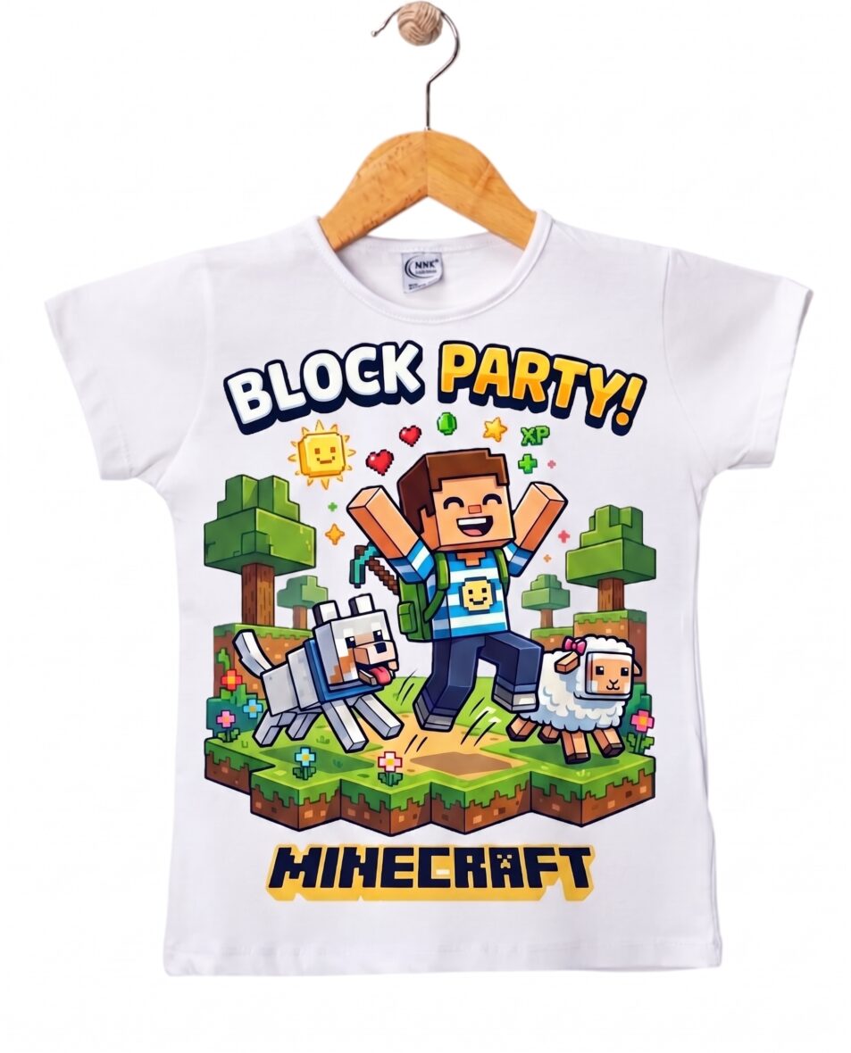 Yüzde 100 Pamuk Mine Craft Baskılı Premium Kalite Beyaz T-Shirt