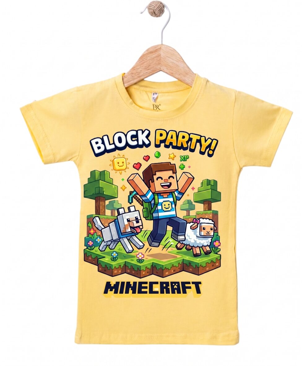 Yüzde 100 Pamuk Mine Craft Baskılı Premium Kalite Sarı T-Shirt (Dar Kalıp)