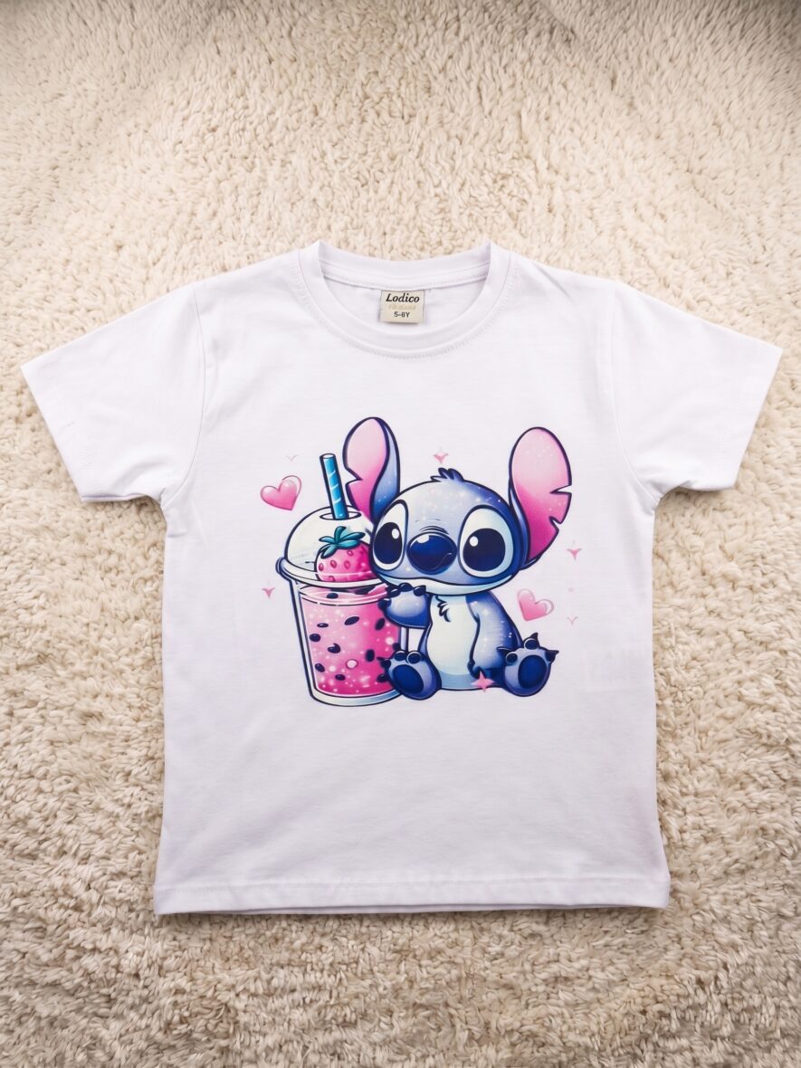 Yüzde 100 Pamuk Sevimli Stitch Baskılı Premium Kalite Beyaz T-Shirt