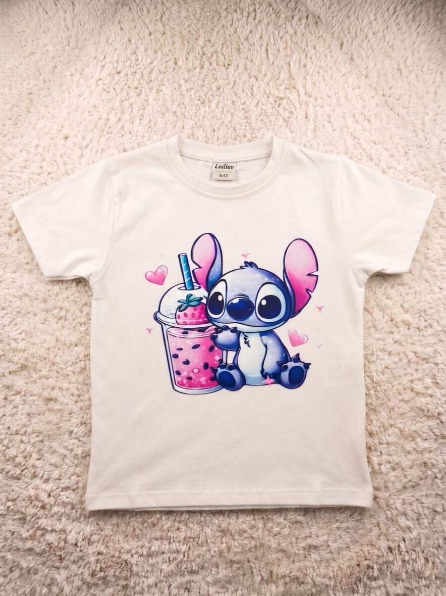 Yüzde 100 Pamuk Sevimli Stitch Baskılı Premium Kalite Ekru Renk T-Shirt (Dar Kalıp)