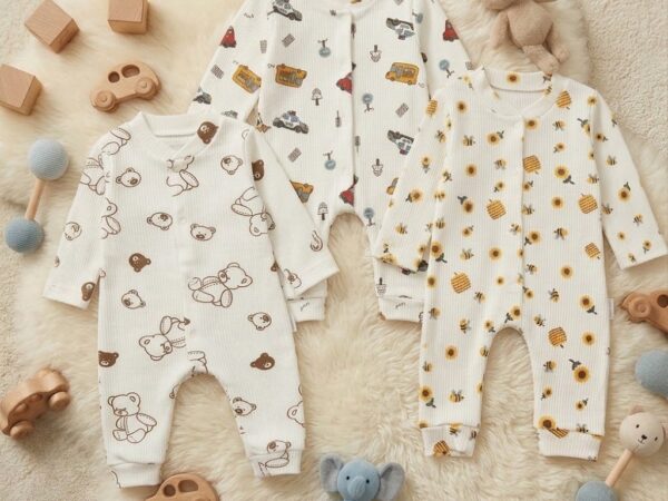 %100 Pamuk 3'lü Araba, Ayıcık, Arı Desenli Patiksiz/Çıtçıtlı Comfort Tulum