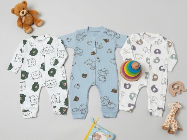 %100 Pamuk 3'lü Ayıcık, Fil Desenli Patiksiz/Çıtçıtlı Comfort Tulum