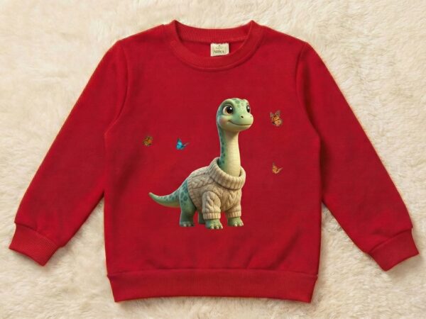 Sevimli Dinozor Baskılı %100 Pamuklu İçi Polarlı Mevsimlik Sweatshirt