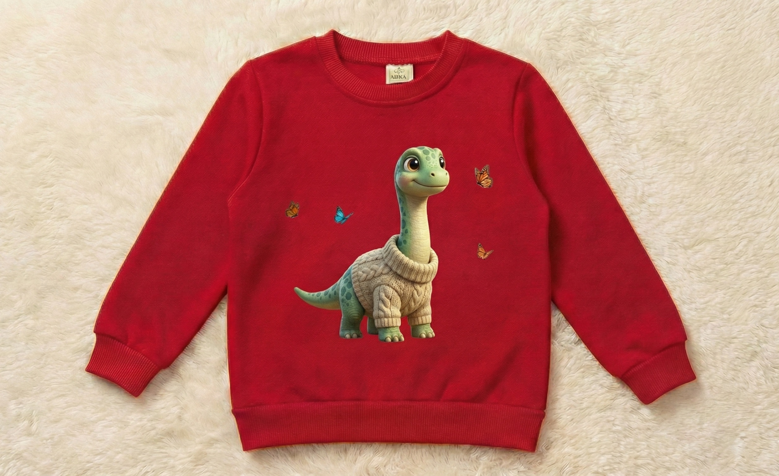Dino_Kırmızı_1 Sevimli Dinozor Baskılı %100 Pamuklu İçi Polarlı Mevsimlik Sweatshirt - Görsel 1