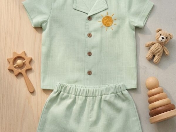 Güneş Nakışlı %100 Keten Bebek Yazlık Alt-Üst