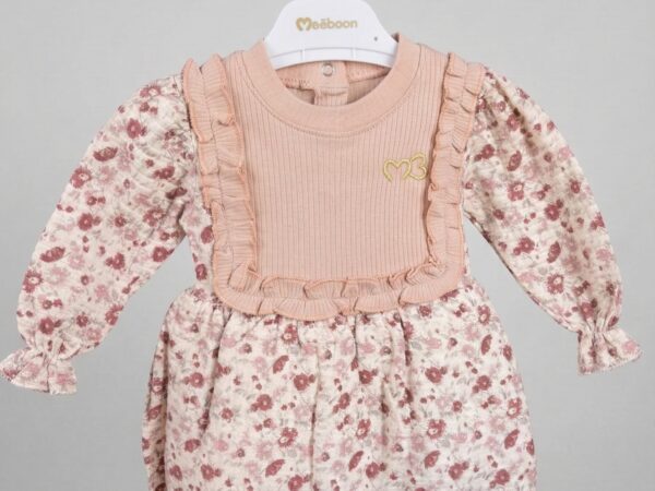 Kız Bebek Krem Çiçek Desenli Fırfır Detaylı Astarlı ve Fitilli Mevsimlik Müslin Elbise