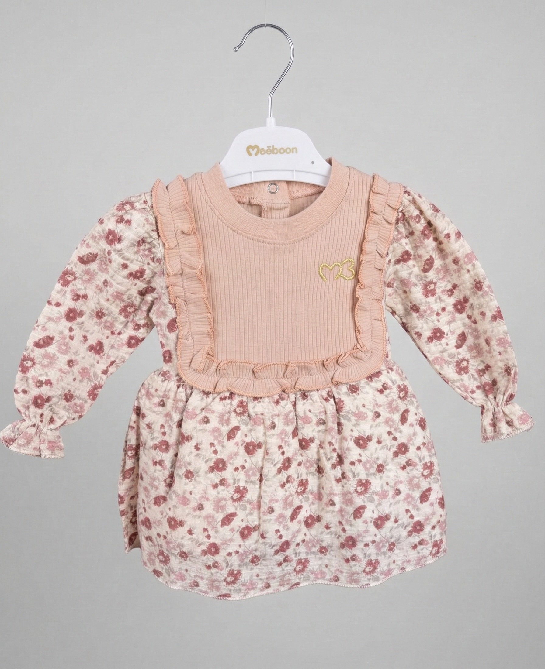 MB-SWETER-ELBISE-Kahve_1 Kız Bebek Krem Çiçek Desenli Fırfır Detaylı Astarlı ve Fitilli Mevsimlik Müslin Elbise - Görsel 1