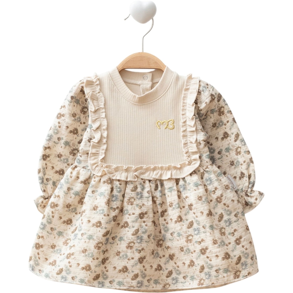 MB-SWETER-ELBISE-Krem_1 Kız Bebek Krem Çiçek Desenli Fırfır Detaylı Astarlı ve Fitilli Mevsimlik Müslin Elbise - Görsel 1