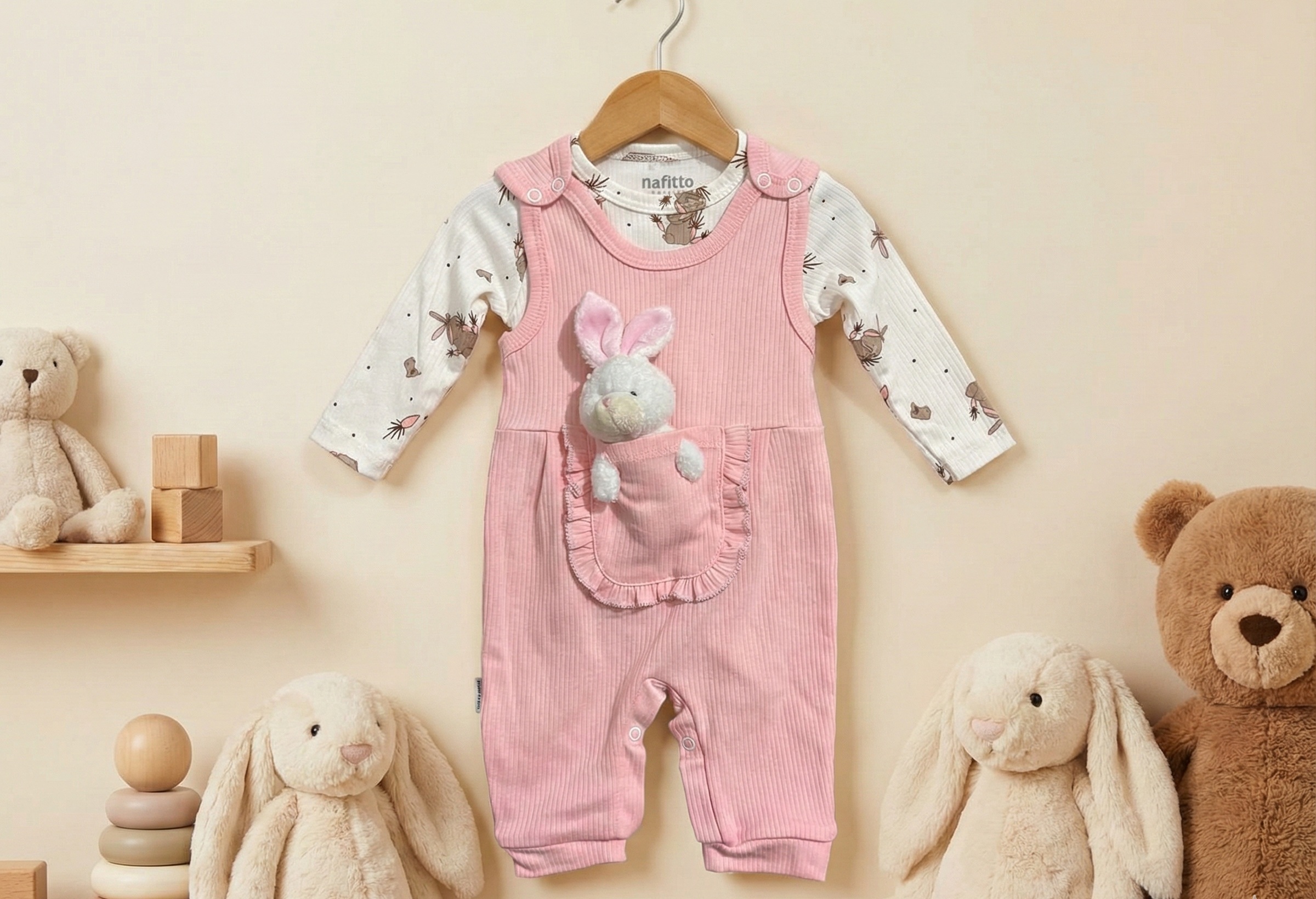Salopet-Tavşancık-Pembe_1 %100 Pamuk Tavşancık Oyuncaklı Pembe Salopet Tulum Seti - İç Çıtçıtlı Body - Görsel 1