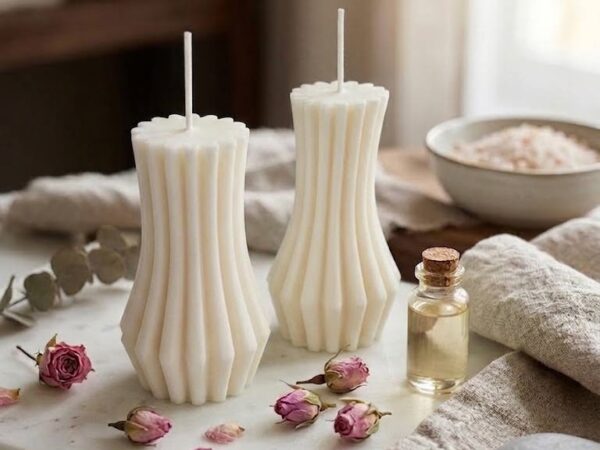 2'li Dekoratif Organik(Soya) Kule Mum Seti - Beyaz