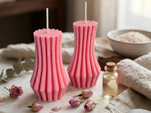 2'li Dekoratif Organik(Soya) Kule Mum Seti - Pembe